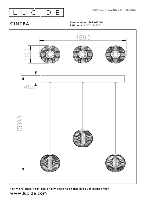 Lucide CINTRA - Suspension - LED Dim. - 3x4,7W 2700K - Transparent - technique
